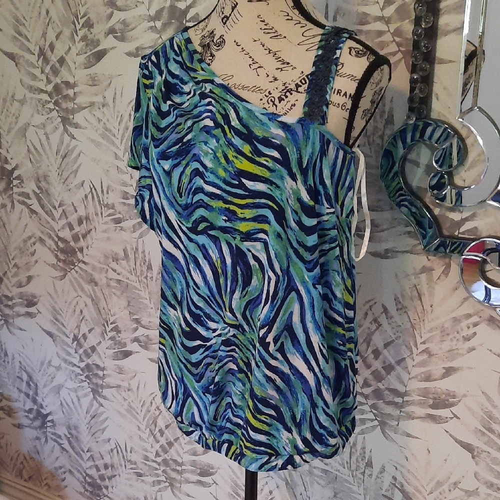 JOANNA HOPE Blue and Green Zebra Print Women's Top